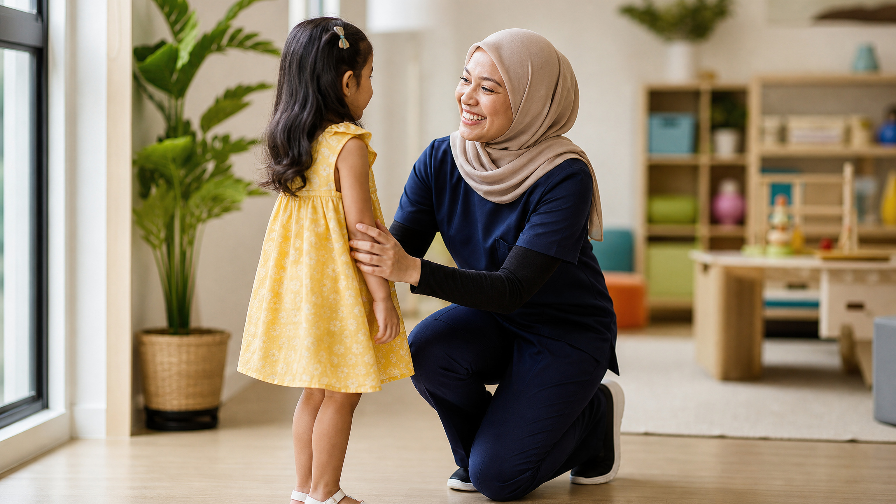 Therapist welcoming a child at the Little Rehab therapy centre